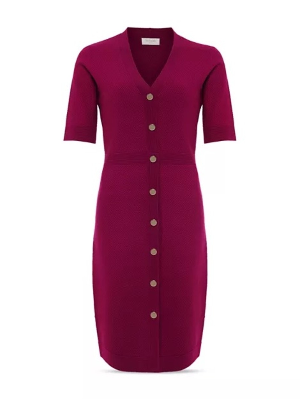 Nina Leonard Button-Front V-Neck Knit Dress in Magenta